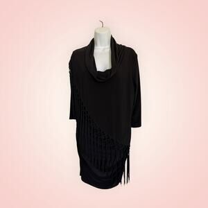 Vintage Joseph Ribkoff Black Fringer Cowl Neck Tunic Dress 16 Made in Canada